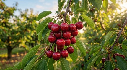 Obraz premium Cluster of Ripe Red Cherries on Branch in Summer Orchard