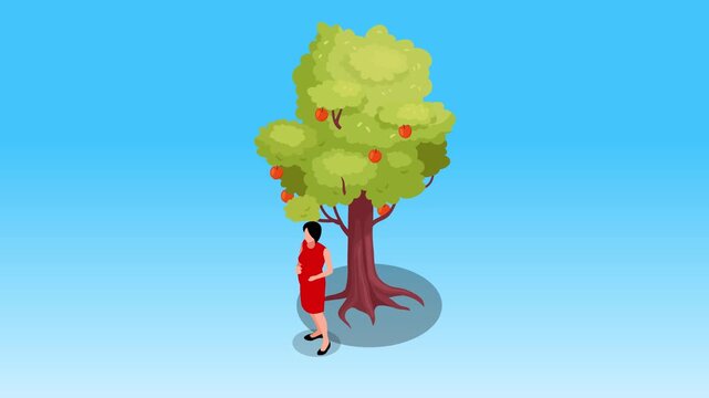 Pregnant Woman in Red Dress Standing Under a Lush Apple Tree 3d animation cartoon