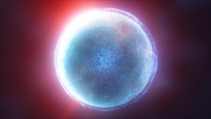 Blue energy magic circle, sphere, ball made of futuristic waves and lines of particles of atomic energy and electricity force field. Abstract background © Bolbik