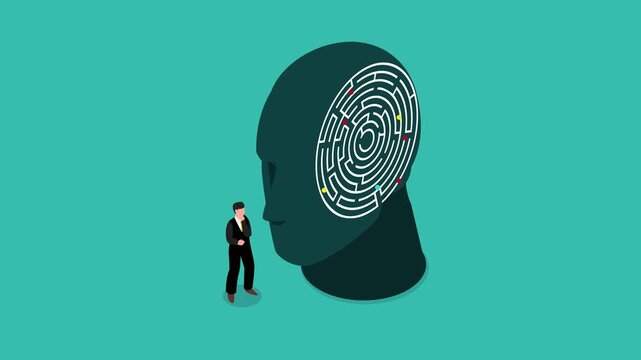 Businessman thinking about mental health, psychology, and complex brain logic with circular maze inside human head silhouette 3d animation cartoon