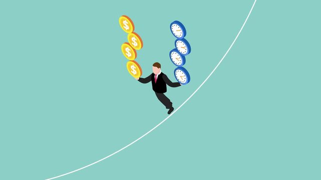 Work Life Balance Concept: Businessman Balancing Time and Money on a Tightrope 3d animation cartoon
