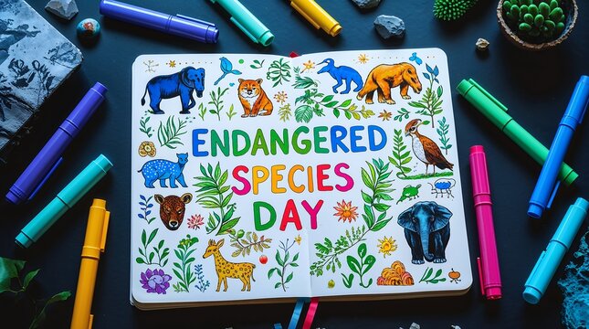 Colorful illustration of endangered species day with animals and plants on a white background