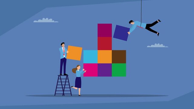 Business Team Collaborating to Build Success with Colorful Blocks cartoon animation