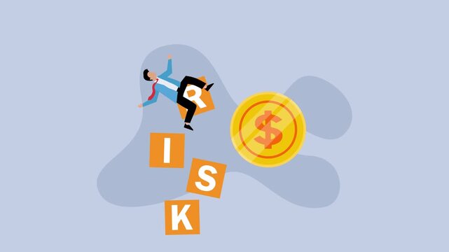 Businessman Losing Balance Near Falling Risk Blocks and Coin cartoon animation