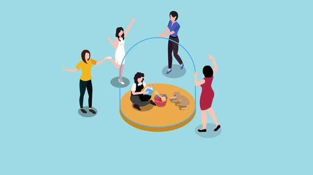 Introverted Woman Sitting Inside Protective Bubble Relaxing with Cat and Book While Others Party 3d animation cartoon