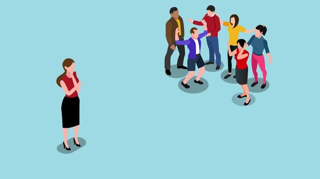 Woman Standing Alone Observing a Group of People in Conflict and Chaos; Social Isolation, Anxiety, and Outsider 3d animation cartoon