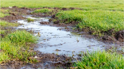 Naklejka premium Melting snow on green grass ground. Puddle of water after thaw in early spring field. Wet soil and mud landscape with fresh vegetation. Natural environmental change and seasonal transition.