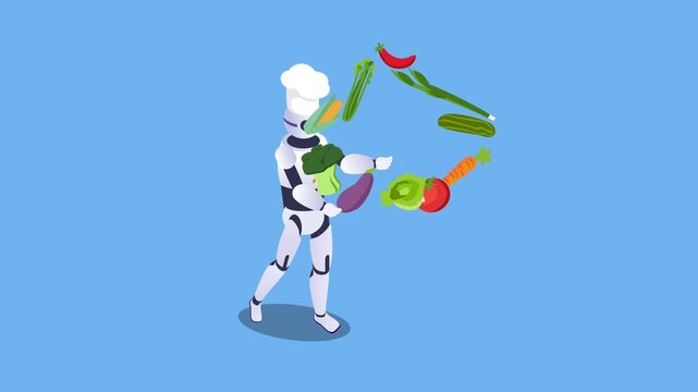 Futuristic Robot Chef Preparing Healthy Vegetables Illustration 3d animation cartoon