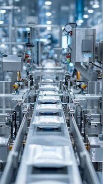 Automated production line with machinery and conveyor belts in modern factory.