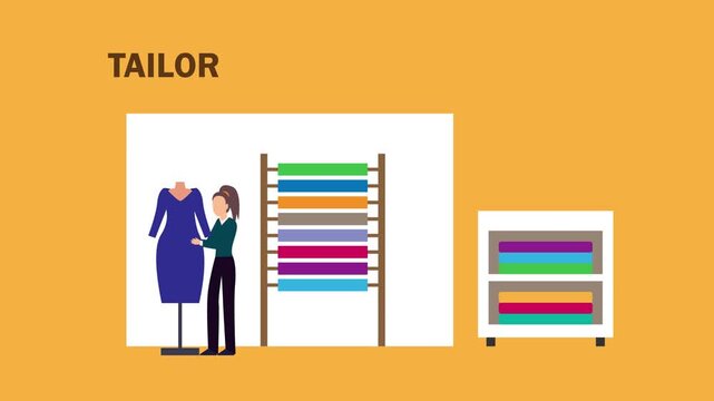 Professional Tailor Working in Fashion Studio Illustration &ndash; Dressmaker with Mannequin and Fabric Rolls cartoon animation