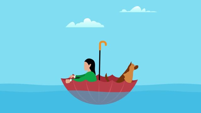 Woman and Dog Sailing in Umbrella Boat cartoon animation