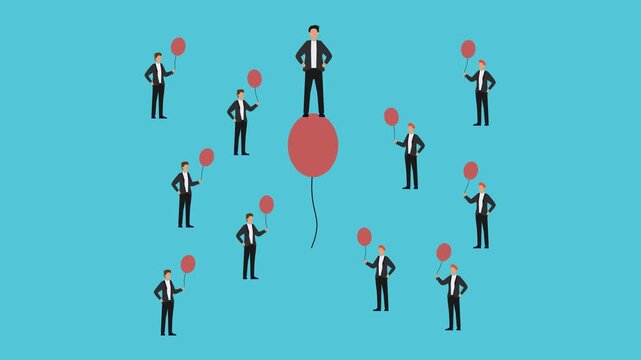 Business Leader Standing on a Large Balloon Surrounded by Team cartoon animation