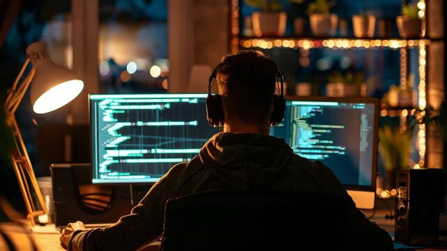 Back view of a man programming on a computer late at night