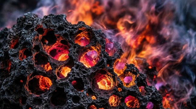 Close-up view of volcanic scoria rock with glowing molten interiors and fiery flames surrounding it