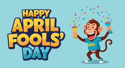 Happy april fools day greeting with funny cartoon monkey and confetti © Sadew