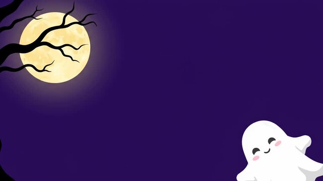 A cute cartoon ghost under a full moon with bare tree branches on a dark purple night, perfect for Halloween themes. Perfect video background with wide copy space for Halloween.