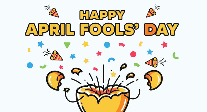 Happy april fools day illustration with exploding egg and confetti