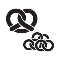 Simple black and white illustration of a pretzel and salt crystals