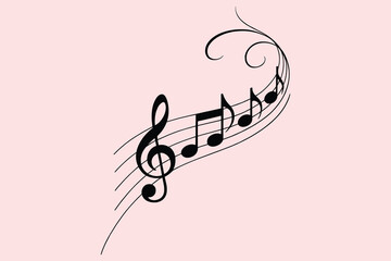Naklejka premium Black treble clef and musical notes with decorative swirl on pink background Keywords: music, musical notes, treble clef, staff