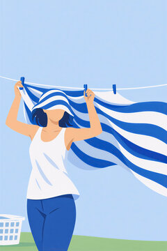 Femme &eacute;tendant du linge sur une corde &agrave; linge &ndash; illustration vectorielle minimaliste de lessive &agrave; l&rsquo;ext&eacute;rieur