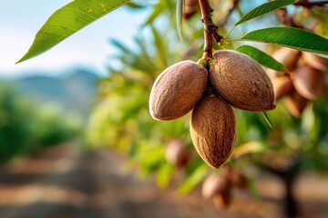 Almonds trees growing. Healthy ripening nuts cluster, green leaves, on blurred hills, sky background. Agriculture, food. Almond orchard. Organic farming. Macro detail kernel. Longterm profitability