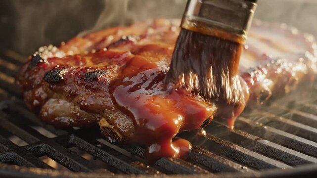 Close-up of succulent pork ribs being generously basted with rich, smoky barbecue sauce on a hot outdoor grill, highlighting the tantalizing process of creating perfectly caramelized and juicy meat