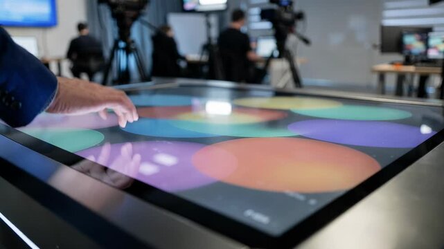 Focused image on a control desk touchscreen interface managing various live show feeds with the rest of the studio and operators out of focus in the background.