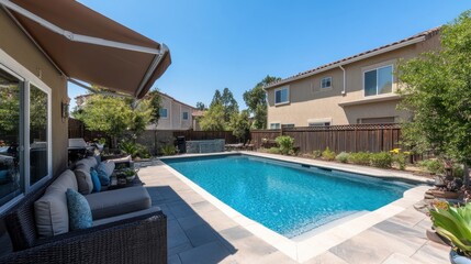 Fototapeta premium Backyard pool area with patio furniture and landscaping