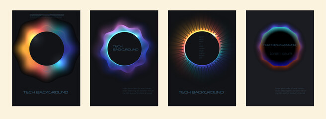 Vector poster set. Abstract futuristic neon glow with circles geometric shapes, vibrant gradient light and blend color effects. Holographic color on dark blue background © Ittikorn Ch