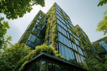 Fototapeta premium A modern building covered with lush greenery and vertical gardens, showcasing sustainable architecture in an urban environment