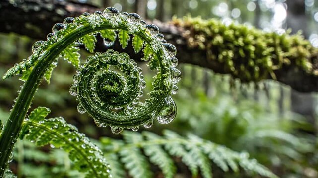 Fiddlehead fern with water droplets unfurling in a lush forest.