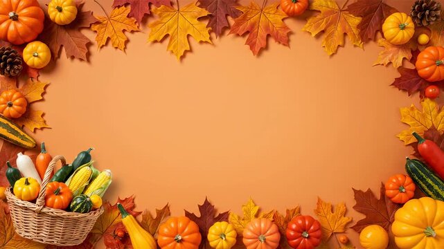 A vibrant autumn border with colorful pumpkins, gourds, fall leaves, and a harvest basket on an orange background, perfect for Thanksgiving. Perfect video background with wide copy space.