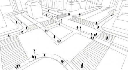 Aerial sketch of a bustling city square with people walking. © Ikik