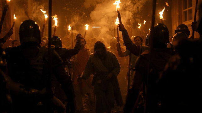 Jesus Arrested in the Garden of Gethsemane by Roman Soldiers &ndash; Biblical Night Scene