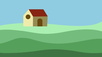 Fototapeta premium Simple flat illustration of a house on green hills against a blue sky, minimal graphic design, cartoon style landscape, idyllic rural scene, wallpaper design