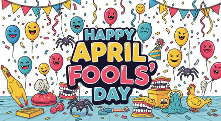 Obraz premium April fools day background with balloons spiders and prank toys