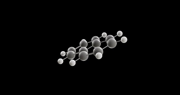Naphthalene molecule, rotating 3D model of aromatic hydrocarbon, looped video on a black background
