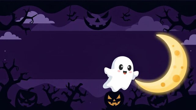 A cute white ghost floats by a glowing crescent moon in a spooky Halloween night scene with trees and pumpkins. Perfect video background with wide copy space for Halloween.
