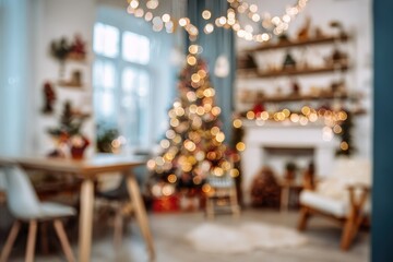 Fototapeta premium Defocused Cozy festive living room with Christmas tree, bokeh lights, wrapped gifts and warm fireplace glow. Out of focus decorated space for holiday. Blurred space designed to host joyful festivities