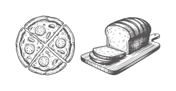 Black and white of sliced pepperoni pizza and loaf of bread cutting board