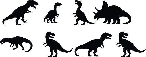 Dinosaur silhouettes set, prehistoric reptile collection including tyrannosaurus triceratops and velociraptor isolated black vector illustration pack © LatifunNahar