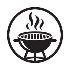 Black and white illustration of a steaming barbecue grill inside a circle