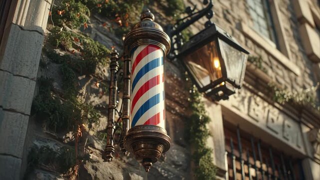 Traditional barber pole mounted on an exterior wall of a vintage building.