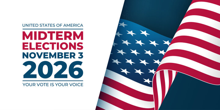 United States Midterm Elections November 3, 2026 Banner. Waving American flag on blue background. Vector Illustration.