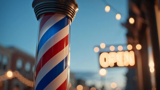 Traditional barber pole with red white and blue stripes glowing at dusk.