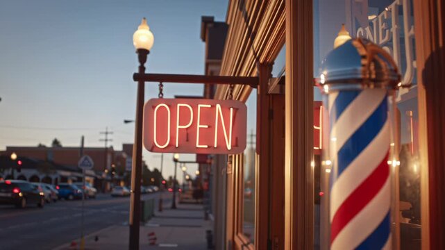 Neon open sign hanging outside a barbershop at dusk with traditional barber pole.