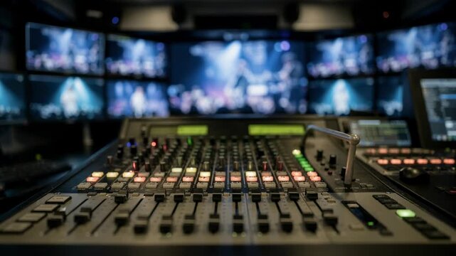 Closeup medium shot of a switcher in a mobile broadcast truck surrounded by blurred screens showing a dynamic remote concert setting.
