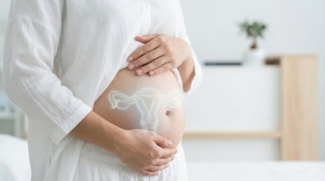 Pregnant woman maternity motherhood belly uterus healthcare medical adult female mother pregnancy body prenatal care obstetric gynecology abdomen hands touch protection safety family expectation