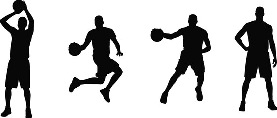 Basketball player silhouettes set dribbling shooting jumping athlete sport action isolated black figures dynamic motion training game competition fitness collection © LT studio