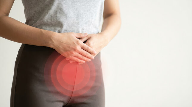 Uterine fibroid pelvic pain concept uterus women health gynecology female patient holds lower abdomen with discomfort, highlighting chronic cramp and medical need for diagnosis and treatment